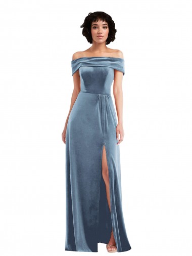 Stretch Velvet Long Off the Shoulder Dusty Blue A-Line Semi Formal Evening Dress / Prom Dress / Bridesmaid Dress Sudbury