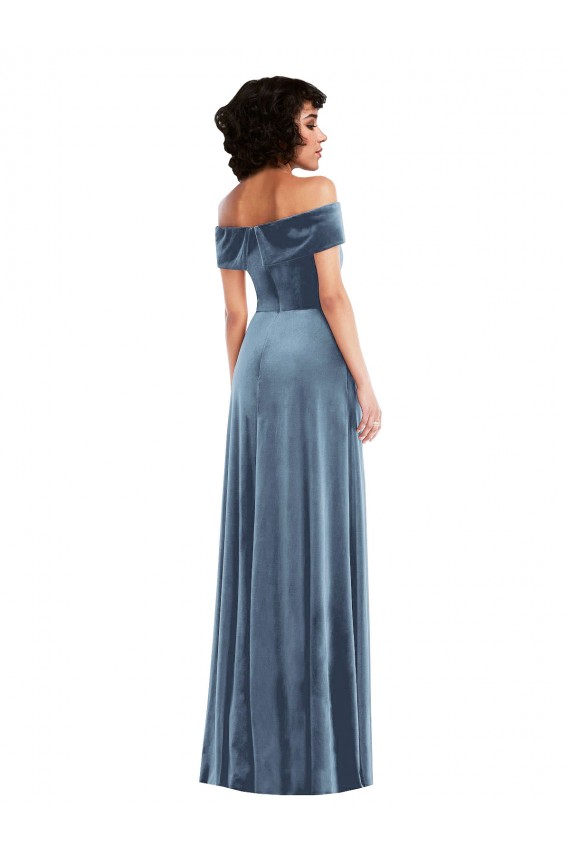 Stretch Velvet Long Off the Shoulder Dusty Blue A-Line Semi Formal Evening Dress / Prom Dress / Bridesmaid Dress Sudbury