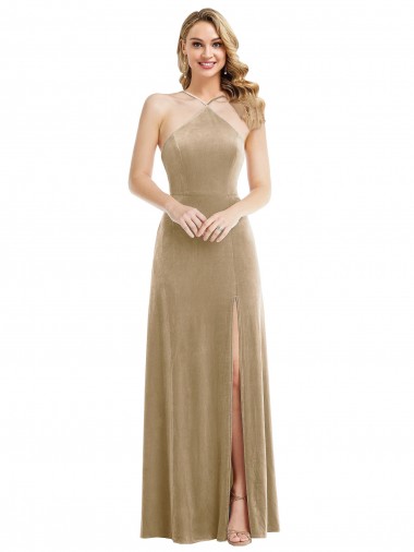 Stretch Velvet Open Back Long Halter Neck A-Line Semi Formal Evening Dress / Prom Dress / Bridesmaid Dress Sudbury