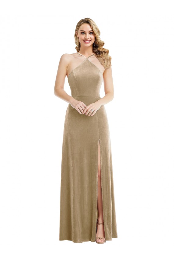 Stretch Velvet Open Back Long Halter Neck A-Line Semi Formal Evening Dress / Prom Dress / Bridesmaid Dress Sudbury