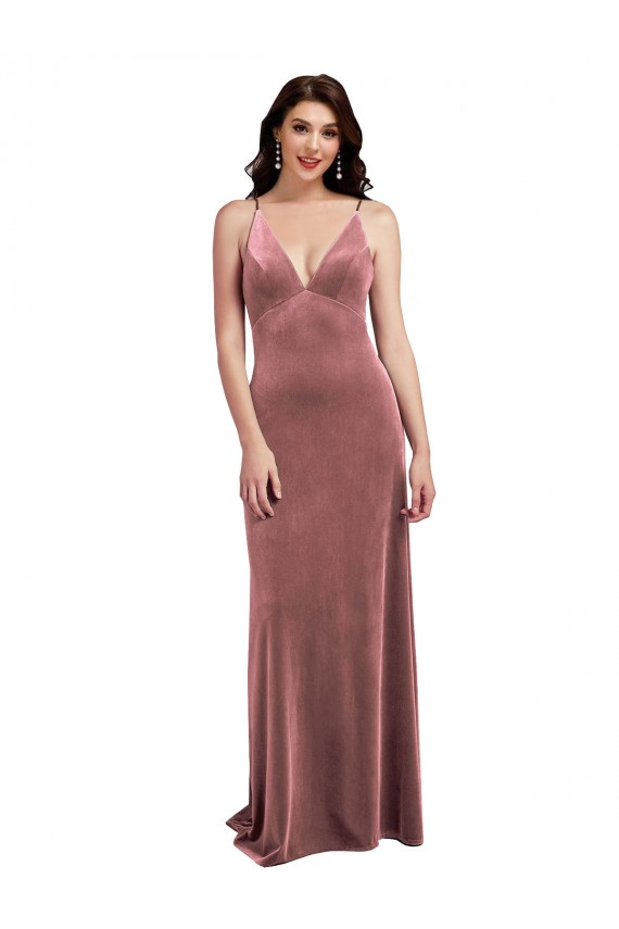 Stretch Velvet Low Back Long V-Neck Cinnamon Rose A-Line Formal Evening Gown / Prom Dress / Bridesmaid Dress Sudbury