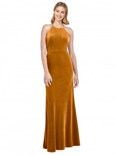 Stretch Velvet Criss Cross Open Back Long Halter Neck A-Line Formal Evening Gown / Prom Dress / Bridesmaid Dress Sudbury