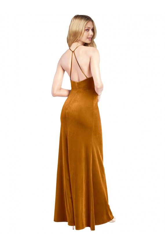 Stretch Velvet Criss Cross Open Back Long Halter Neck A-Line Formal Evening Gown / Prom Dress / Bridesmaid Dress Sudbury