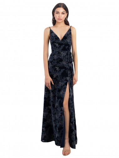 Floral Velvet & Stretch Velvet V-Back Long V-Neck Dark Navy A-Line Bridesmaid Dress Sudbury