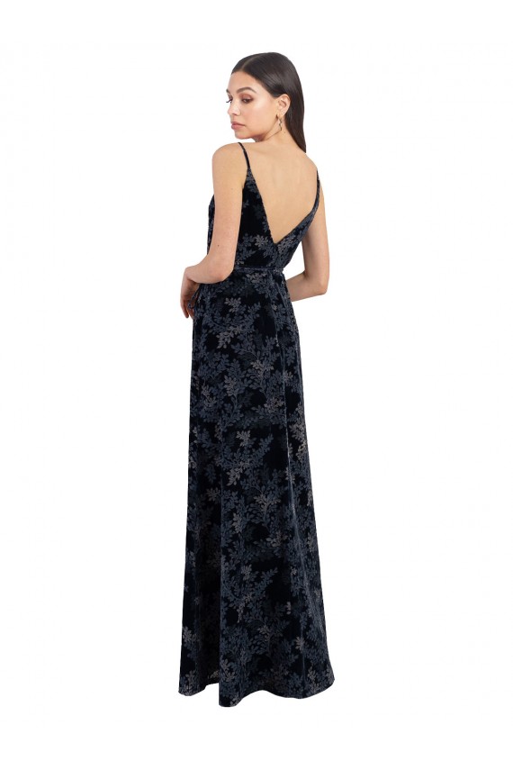 Floral Velvet & Stretch Velvet V-Back Long V-Neck Dark Navy A-Line Bridesmaid Dress Sudbury