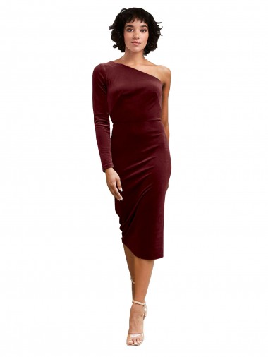 Stretch Velvet Midi Length One Shoulder A-Line Black Tie Prom Dress / Bridesmaid Dress Sudbury