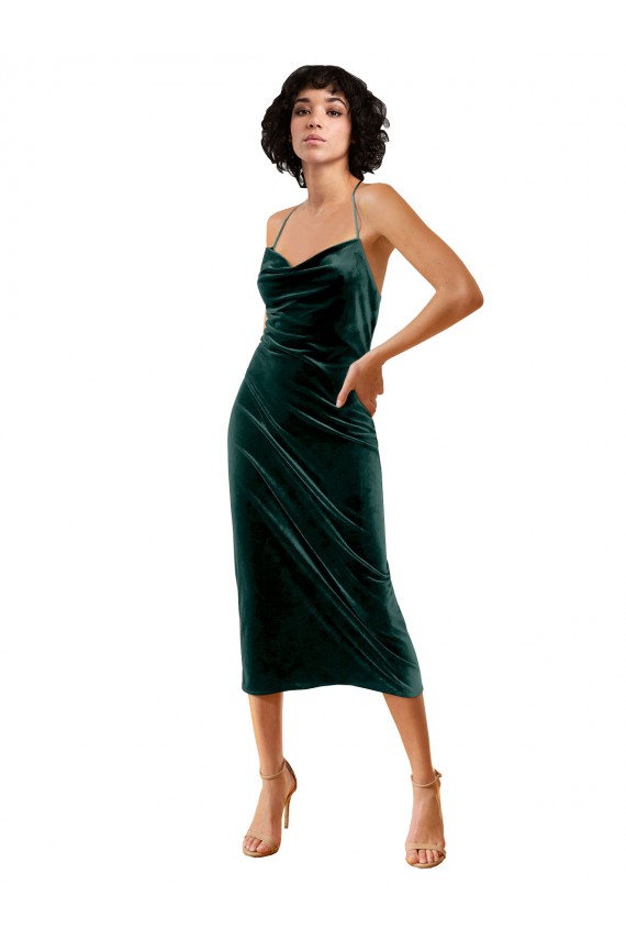 Stretch Velvet Criss Cross Open Back Midi Length Spaghetti Straps Sheath Formal Dress / Bridesmaid Dress Sudbury