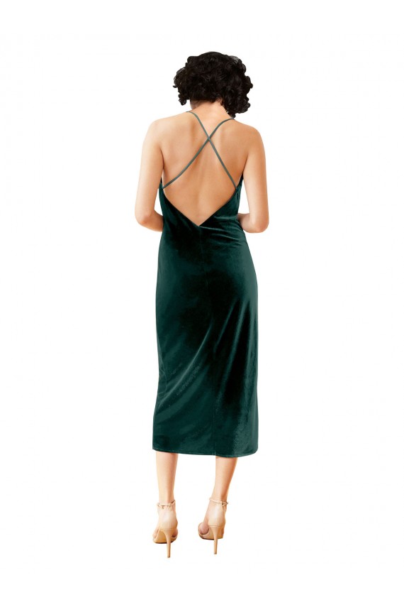Stretch Velvet Criss Cross Open Back Midi Length Spaghetti Straps Sheath Formal Dress / Bridesmaid Dress Sudbury