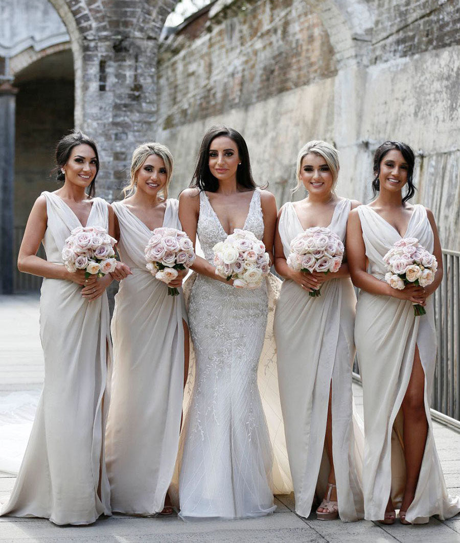 Full Length Luxe Chiffon Long Champagne bridesmaid dresses Sudbury with Sexy High Slit and Front Ruffles