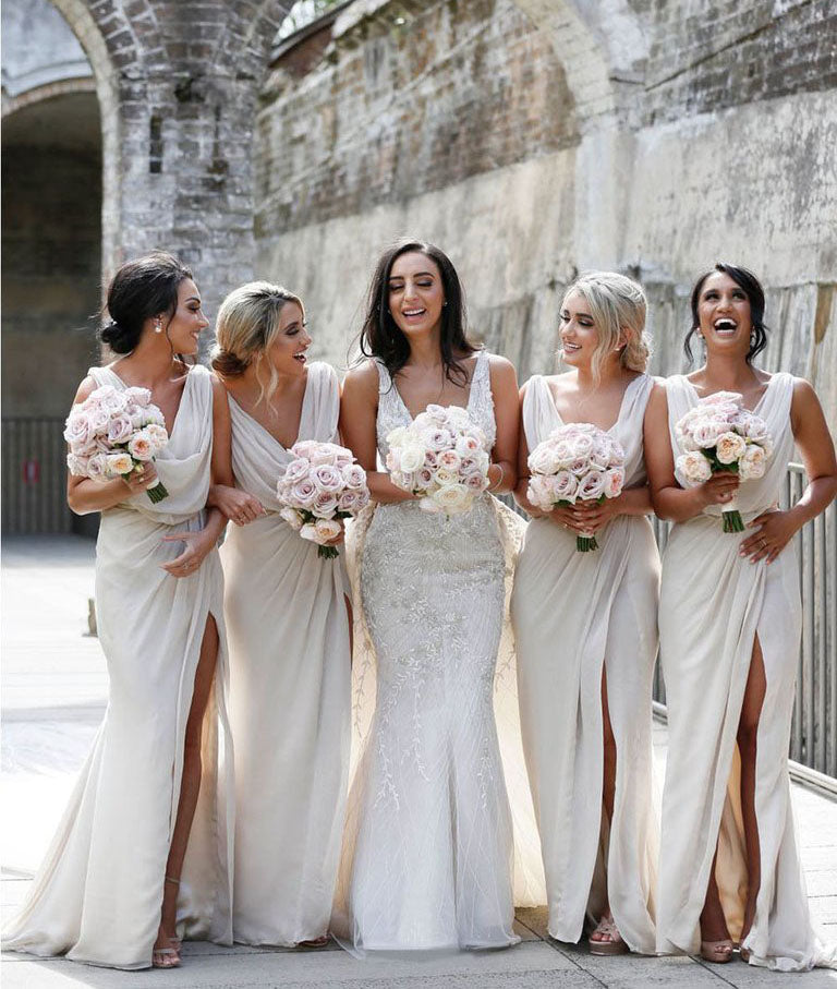 Full Length Luxe Chiffon Long Champagne bridesmaid dresses Sudbury with Sexy High Slit and Front Ruffles
