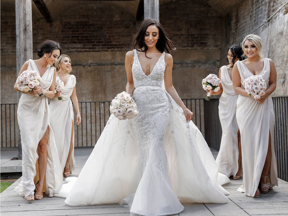 Full Length Luxe Chiffon Long Champagne bridesmaid dresses Sudbury with Sexy High Slit and Front Ruffles