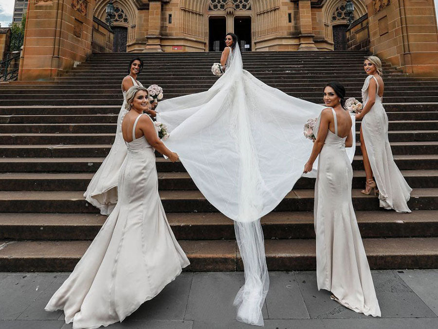 Full Length Luxe Chiffon Long Champagne bridesmaid dresses Sudbury with Sexy High Slit and Front Ruffles