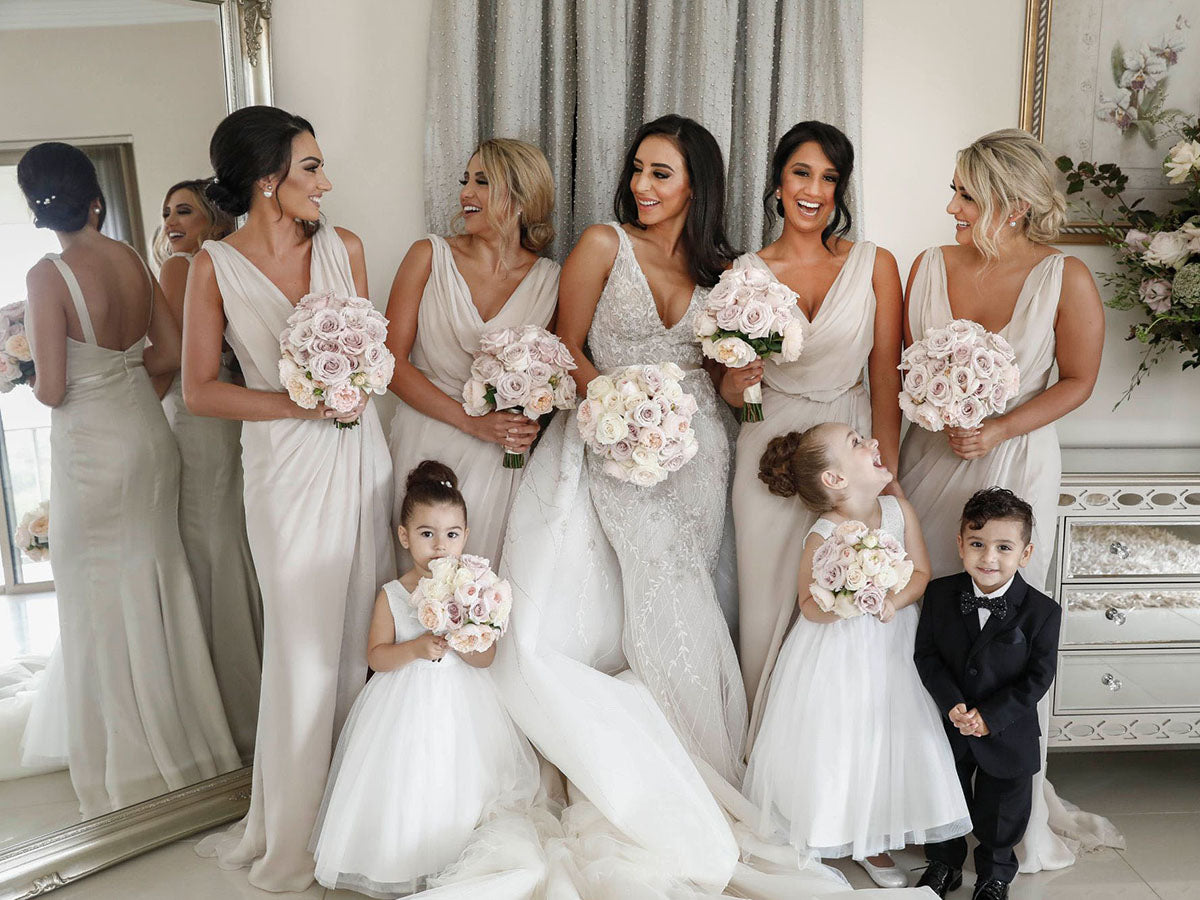 Full Length Luxe Chiffon Long Champagne bridesmaid dresses Sudbury with Sexy High Slit and Front Ruffles